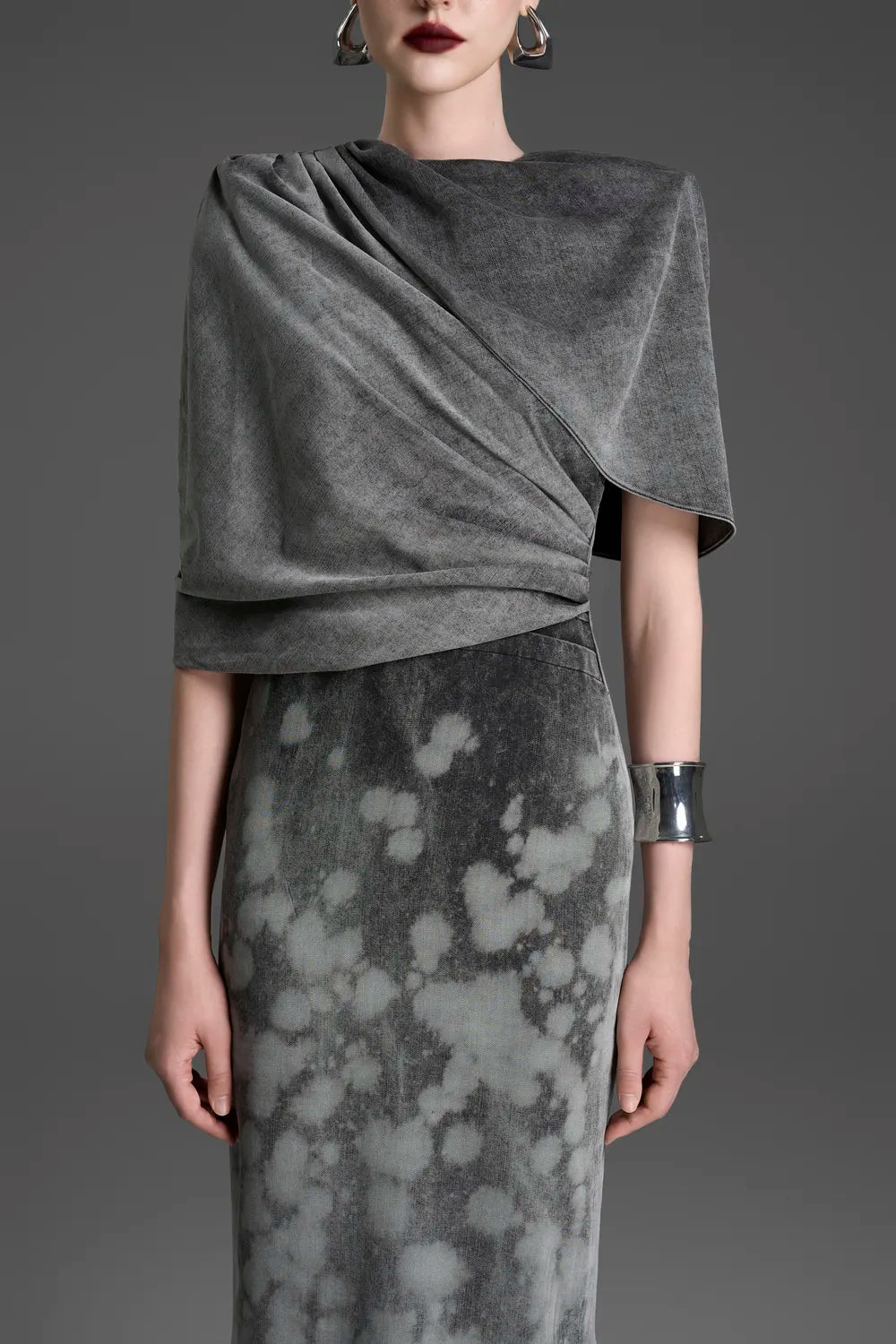Asymmetric Draped Cape With Straight Washed Dress